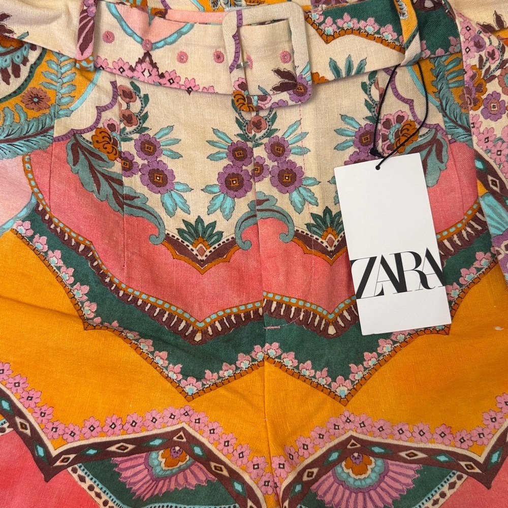 Zara NWT High Waist Floral Patterned Shorts Belted Linen Blend large - Picture 15 of 15